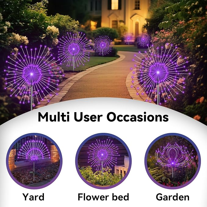 Garden Outdoor Lights, 2 Pack 120 LED Solar Garden Lights Fairy Lights Outdoor Waterproof Decorative Solar Firework Lights for Yard Patio Pathway Flowerbed Party Wedding Decor, Purple
