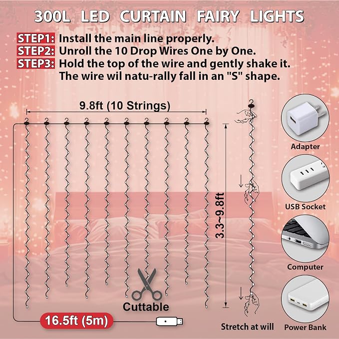 HXWEIYE 300LED Fairy Curtain Lights, 9.8x9.8Ft USB Plug-in 8 Modes Christmas String Hanging Lights with Remote for Bedroom Backdrop Wedding Indoor Wall Decor, Red, Standard – 1 Pack