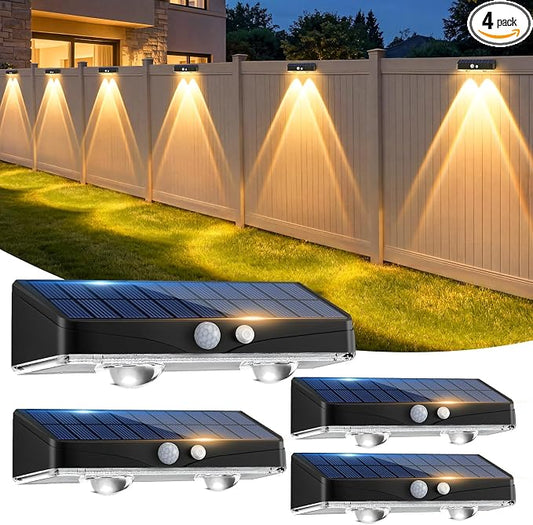 kolpop Warm White Solar Fence Lights Outdoor,Fence Lights Solar Powered with Motion Sensor,IP65 Waterproof,3 Modes LED Solar Lights for Patio,Backyard,Railing,Wall,Nighttime,Party,Pool,4 Pack