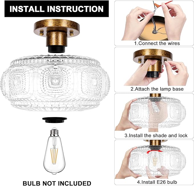 Semi Flush Mount Ceiling Light, Upgraded Larger Antique Bronze Glass Ceiling Light Fixture, Vintage Lighting for Hallway Kitchen Bedroom Dining Room, Bulb Not Included