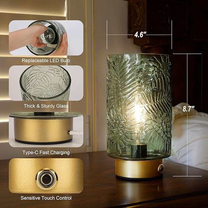 ULAROOM Cordless Lamp Rechargeable Battery Operated lamp, Glass Table Lamp Remote Control - Dimmable Brightness Touch Wireless Bedside Lamp for Bedroom Kitchen Dining Home Living Room Decor Green