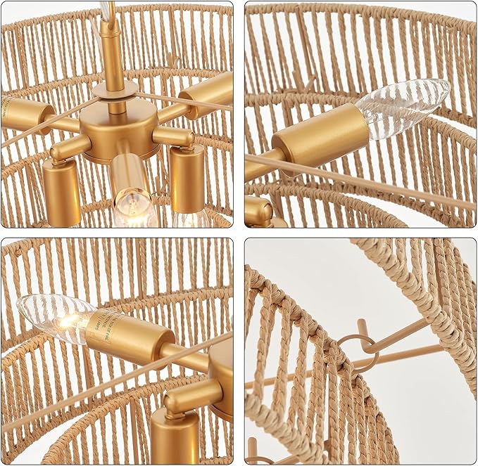 6-Lights Hand-Woven Rattan Pendant Light 4 Round Transitional Minimalist Boho Large Pendant Light for Kitchen Island Dining Room Living Room Hallway, Dia 20 Inch, UL Listed