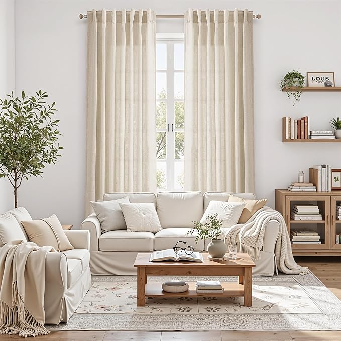 Nanspring Extra Long 120 Inch Curtains for Living Room Cream Beige Linen Light Filtering Semi Sheer Curtain Back Tab Modern Farmhouse Decor Floor to Ceiling High Window for Bedroom 52x120, 2 Panels