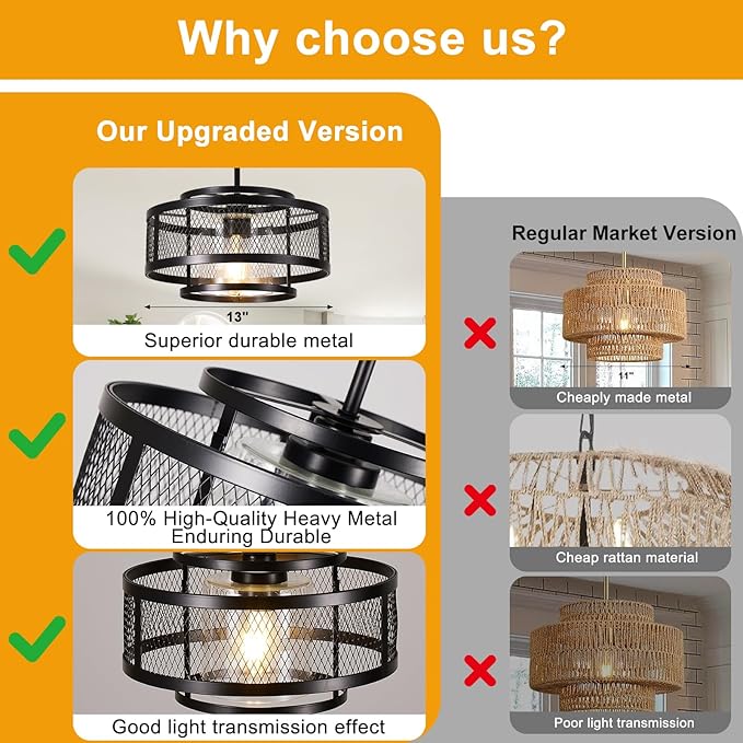 13" Modern Pendant Lights Kitchen Island, Black Pendant Light Fixtures Farmhouse Kitchen Island Lighting, Industrial Hanging Pendant Lights Fixture for Kitchen Island Dining Room Hallway Entryway
