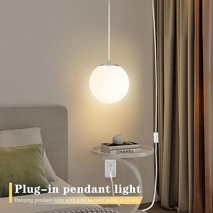 KoKo&Yukina 10" Globe Pendant Light Nickel Plug in Pendant Light Adjustable Hanging Lights with Plug in Cord Nickel Finished with Milk Glass Lampshade for Bedroom Kitchen Island (Bulb Included)