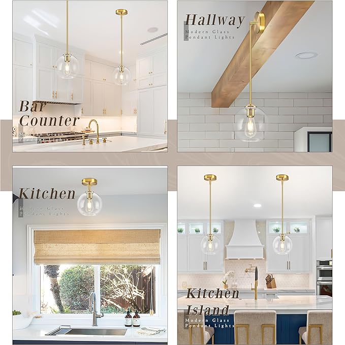 7 Inch Brass 2-Pack Modern Pendant Lights Kitchen Island Mid Century Modern Pendant Light Fixtures with Clear Glass Globe Modern Hanging Pendant Light for Bathroom Bedroom （Bulb Incl）