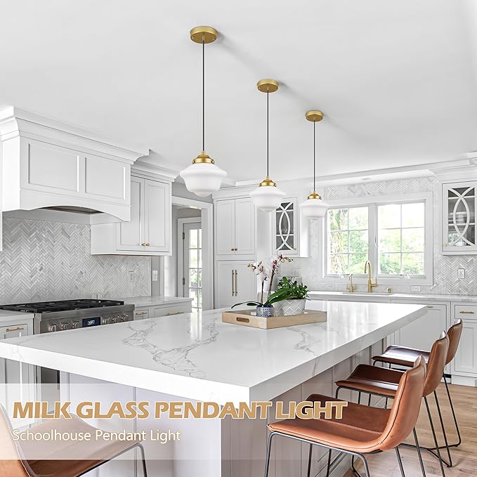 Gold Schoolhouse Light Fixture 8" Milk Glass Light Fixture Mid Century Pendant Light Milk Glass Pendant Light Schoolhouse Pendant Light for Bedroom Dining Room Kitchen (Bulb Incl.)