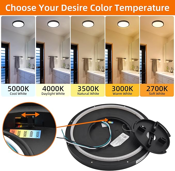 Hlite 12 Inch Flush Mount LED Ceiling Light with Night Light, 24W, 2400lm, Selectable 3000K/4000K/5000K, Flat Lights for Bedroom, Kitchen, Black(1Pack)