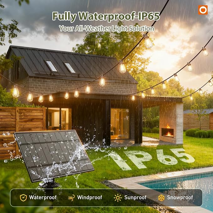 addlon 54(48+6) FT Solar String Lights Waterproof,Patio Lights Solar Powered with Remote& USB Port 24+2 LED Shatterproof Bulbs 3 Lighting Modes Outdoor Lights for Camping Backyard Garden