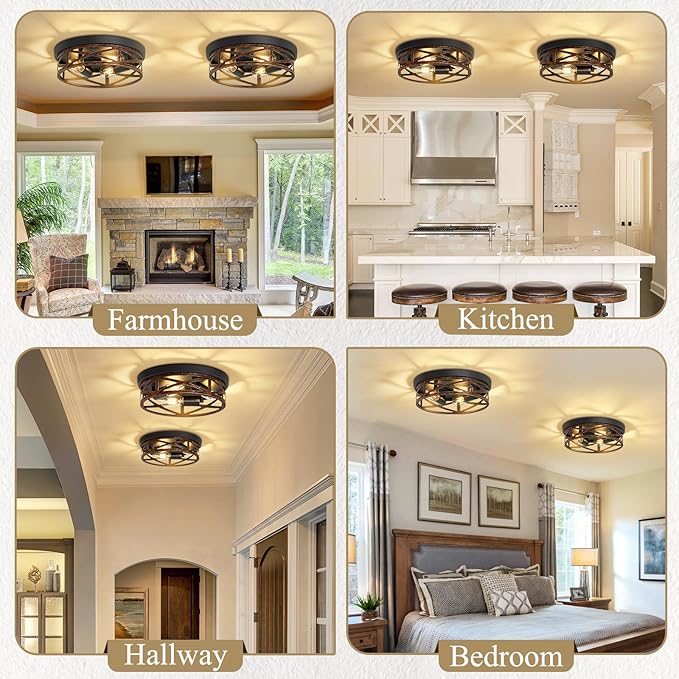 Flush Mount Ceiling Light Fixture,Vintage Metal Black Hallway Light Fixtures Ceiling,Light Fixtures Ceiling Mount for Farmhouse,Kitchen,Hall,Brown(2 Pack (Retro Metal Black, 13 inch)