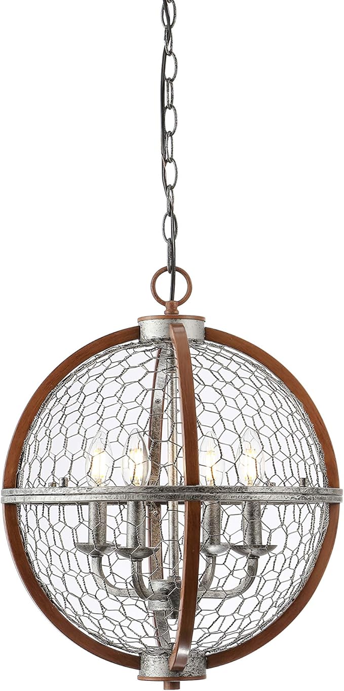 JONATHAN Y 16" Antiqued Silver/Brown 4-Light Iron Pendant Light, Rustic French Country Globe Chicken Wire Chandelier for Kitchen Island, Adjustable Height, LED Bulbs Included JYL7518A