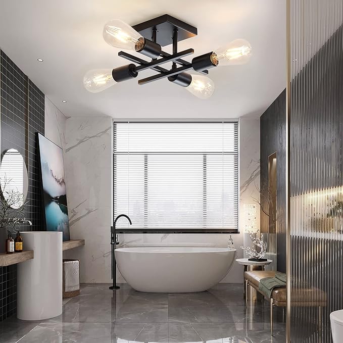 Industrial 4-Light Semi Flush Mount Ceiling Light Fixture, Modern Black Chandelier Lighting, Farmhouse E26 Base Sputnik Ceiling Lamp, 3 Pack