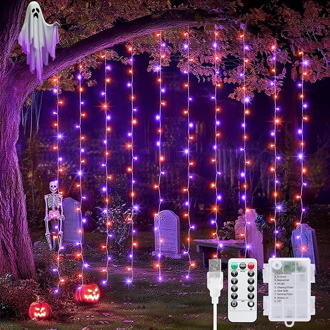 JMEXSUSS 200 LED Orange & Purple Halloween Curtain Lights Battery and USB Operated with Remote, 8 Modes Hanging String Lights for Bedroom, Halloween Lights Indoor Outdoor for Backdrop Party Decor