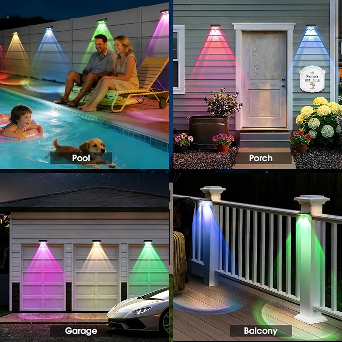 AUDLES Solar Fence Lights Outdoor Waterproof LED, 8 Modes Warm & RGB 6 Color Changing Solar Powered Flood Wall Lights, Solar Light for Step, Pathway, Garden, Deck, Stairs Decor- 12 Pack