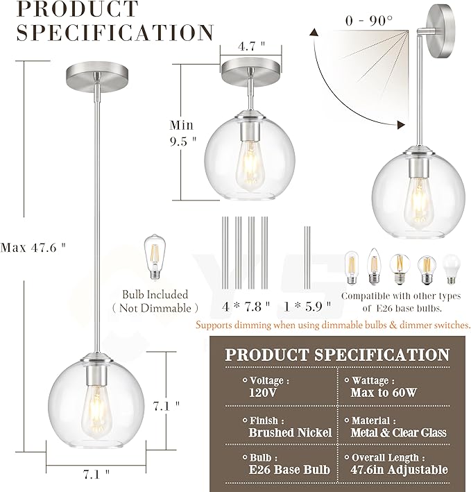 7 Inch Nickel 2-Pack Modern Pendant Lights Kitchen Island Mid Century Modern Pendant Light Fixtures with Clear Glass Globe Modern Hanging Pendant Light for Bathroom Bedroom （Bulb Incl）