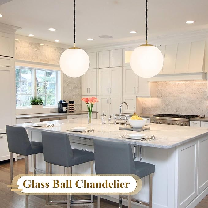 KoKo&Yukina 14" Gold Globe Pendant Light Mid Century Pendant Light Milk Glass Pendant Lights Kitchen Island Adjustable Hanging Light Fixture for Dining Room Bedroom Kitchen Islan