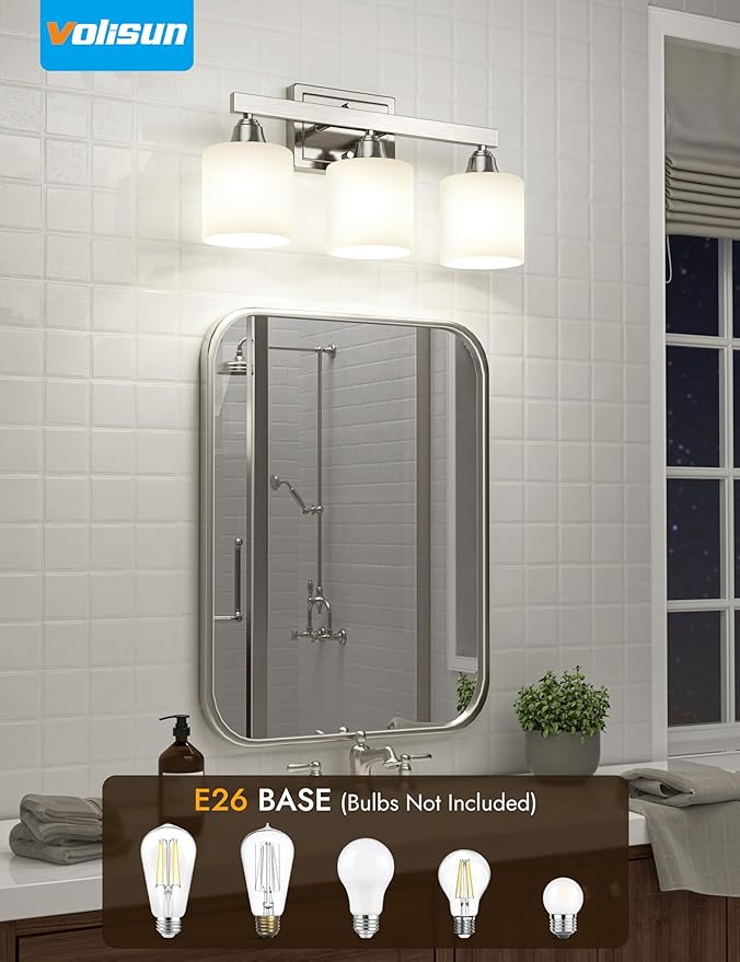 VOLISUN Brushed Nickel Bathroom Light Fixtures, 3-Light Bathroom Vanity Lights Over Mirror, Modern Vanity Light for Bathrooms, Bathrooms Lights Fixtures Over Mirror with Milky White Glass Shades