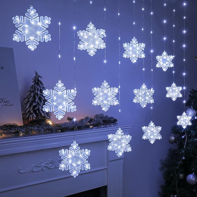 BLOOMWIN Christmas Fairy Curtain Lights 9.8ft Snowflake Lights USB Christmas Indoor Decorations 204LEDs Twinkle Lights with Remote for Bedroom Xmas - Cool White