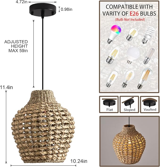 2-Pack Rattan Pendant Light 10.24" Boho Small Hand-Woven Lighting Modern Wicker Coastal Adjustable Rattan Chandelier for Kitchen Island Dining Room Bedroom Restaurant Foyer Farmhouse