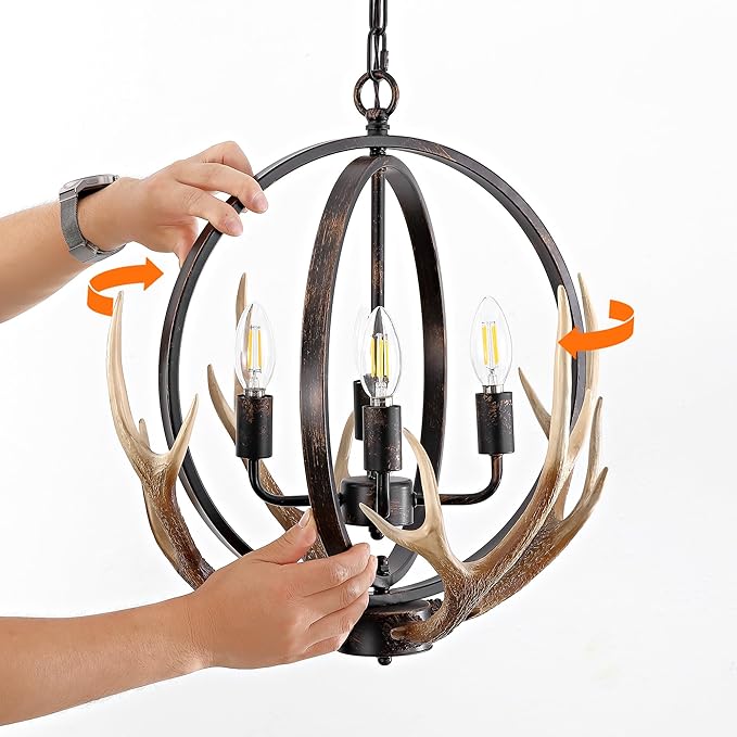 Farmhouse Antler Pendant Light – 19.3"x18.1" Metal Globe and Resin Antlers, E12 Base, Brown Indoor Hanging Light for Kitchen Dining Room