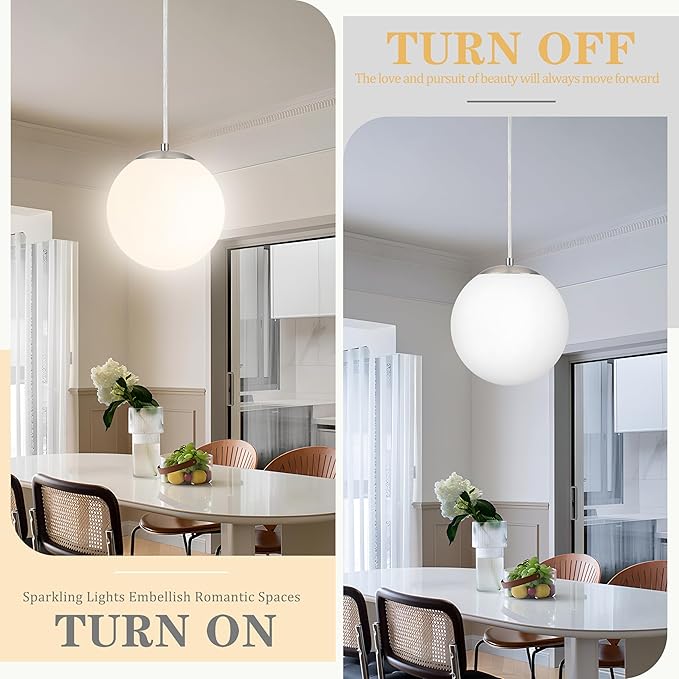 KoKo&Yukina 10" Globe Pendant Light Nickel Plug in Pendant Light Adjustable Hanging Lights with Plug in Cord Nickel Finished with Milk Glass Lampshade for Bedroom Kitchen Island (Bulb Included)