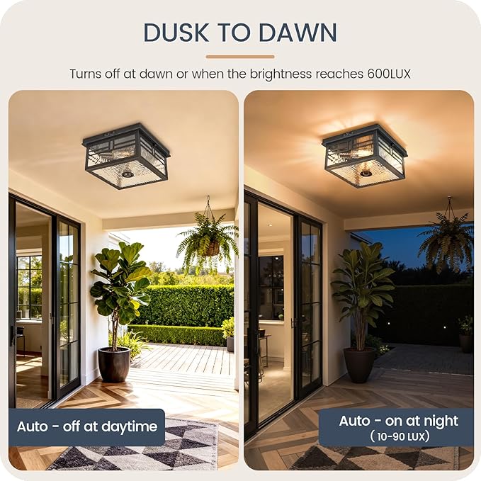 Infrared Sensor Outdoor Ceiling Light, Flush Mount Motion Sensor Ceiling Light, 2-Light Black with Ripple Glass, Bulbs Not Included, 4 Modes, for Porch, Garage, Hallway, Patio,BS07XD05W1