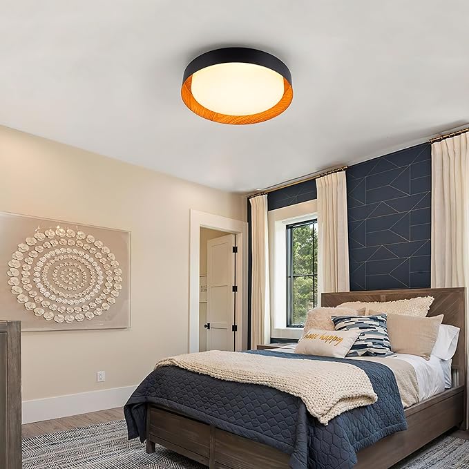 12 Inch LED Flush Mount Ceiling Light with Remote, 18W Flush Mount Light Fixture in Black and Wood Finish, Dimmable Ceiling Light for Bedroom, Hallway, Entryway, Bathroom, Kitchen