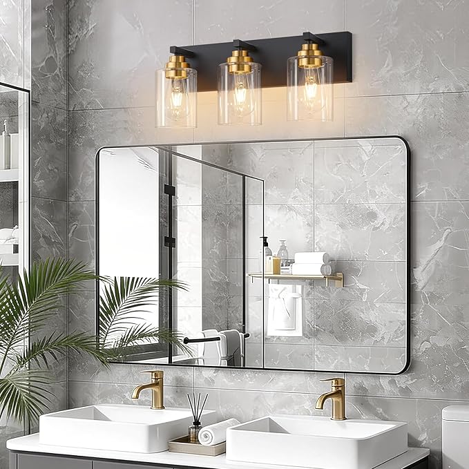 Fivesun Bathroom Vanity Light Fixture, 3-Light Black and Gold Bathroom Light Fixtures Over Mirror with Clear Glass Shades, Modern Vanity Lights for Bathroom Living Room Hallway (Bulbs Not Included)