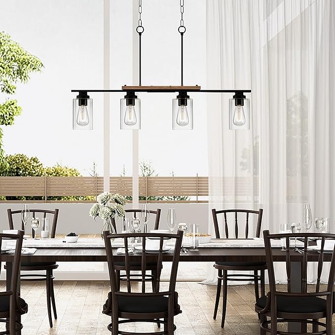 VONLUCE Dining Room Light Fixture Over Table, 4-Light Kitchen Island Lighting with Glass Shade and Adjustable Rods, Farmhouse Linear Chandelier Pendant Light for Kitchen Living Room, Matte Black