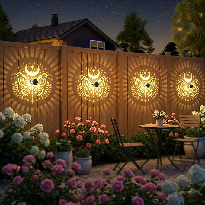 Gardsee Solar Fence Lights Outdoor 2 Pack Deck Step Wall Lights Butterfly Metal Waterproof LED Warm Yellow Light for Garden Post Patio Backyard Yard Decor (Black 1)