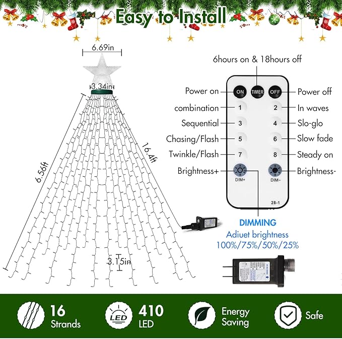 Christmas Lights with Star Topper, 410LED String Lights with Ring for Tree, 6.6FT x 16 Lines Fairy Lights with 8 Modes for Indoor Outdoor Xmas Decor, Warm White