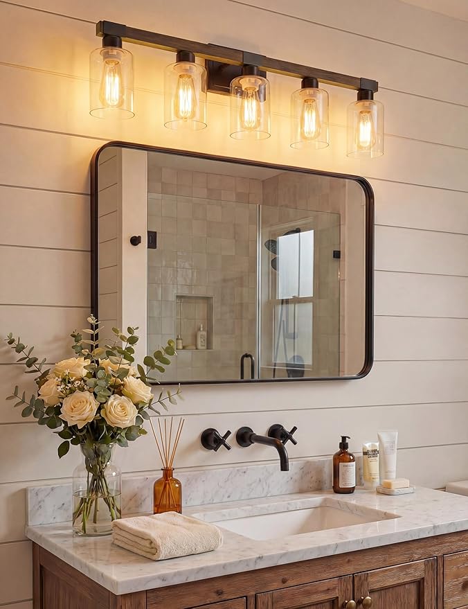 VOLISUN Farmhouse Bathroom Light Fixtures, 5 Light Bathroom Vanity Lights Over Mirror, Rustic Vanity Light for Bathrooms,Wood Bathrooms Lights Fixtures Over Mirror-UL Certificated