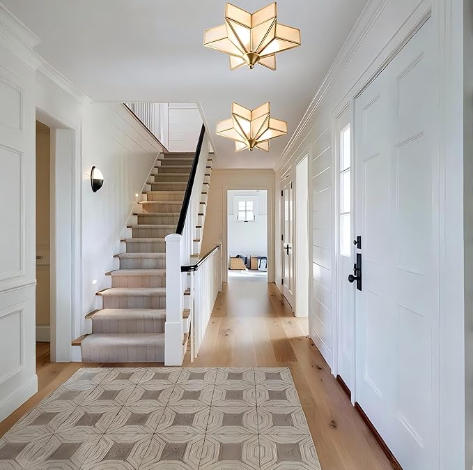 LIGHTLAND 11.8 Inch Flush Mount Star Ceiling Light, 3 Lights Brass Ceiling Lamp with Glass Lampshade, Art Deco Close to Ceiling Light Fixtures for Entryway Hallway Porch, Gold
