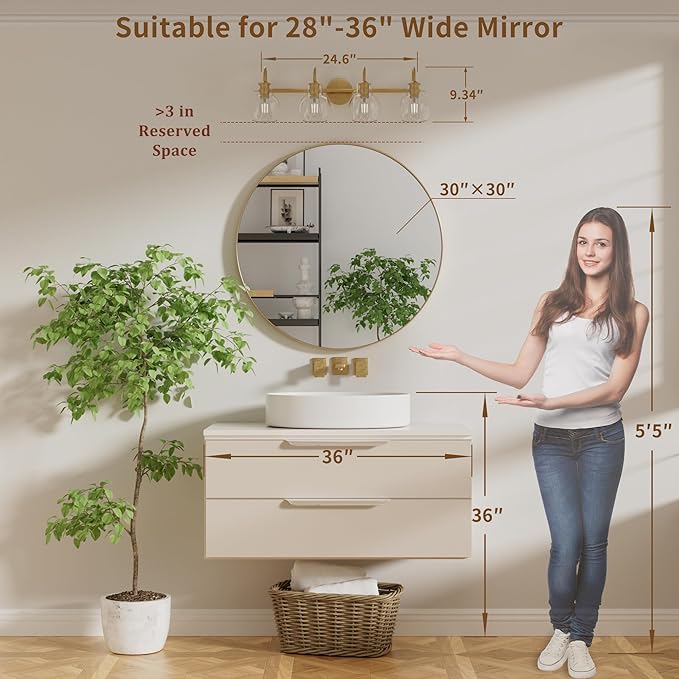 4-Light Gold Bathroom Vanity Light Fixtures, 24 Inch Over Mirror with Clear Glass Shade Wall Mounted Sconces for Bathroom, Living Room, Hallway, E26 Base