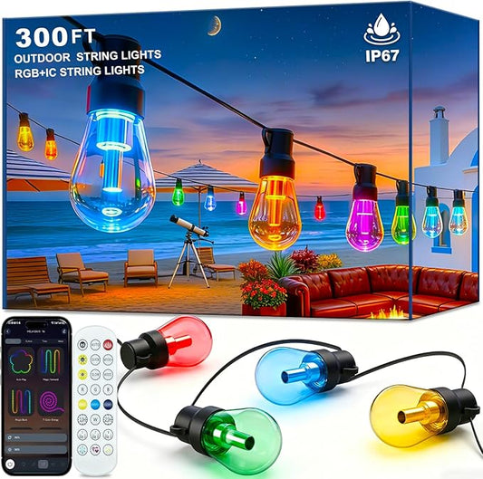 300FT RGB+IC Outdoor String Lights, Dimmable Shatterproof LED Bulbs, IP67 Waterproof DreamColor Chasing Lights, Multicolor Dynamic Lighting for Patio Balcony Garden & Outdoor Living Area Decoration