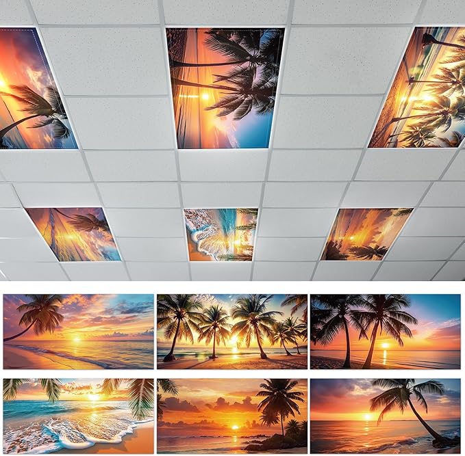 Wiooffen 6 Pcs Fluorescent Light Covers with 60 Magnets Decorative for Classroom Ceiling Light 4 x 2 Feet Magnetic Light Covers Filter Easy Install for Office Hospitals & Home(Orange Beach)