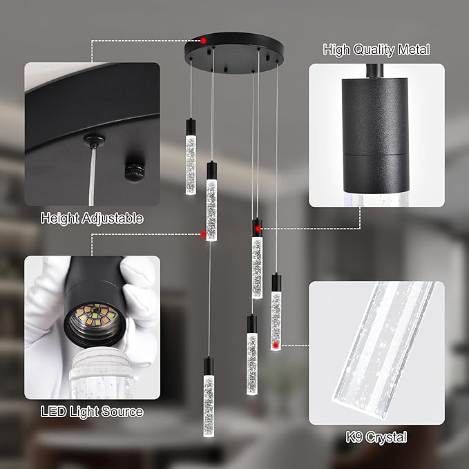 6-Light Matte Black Integrated Crystal Pendant Chandelier,Dimmable LED Ceiling Light with Adjustable Height for Kitchen Island, Dining Room & Bedroom 3000K -6000K