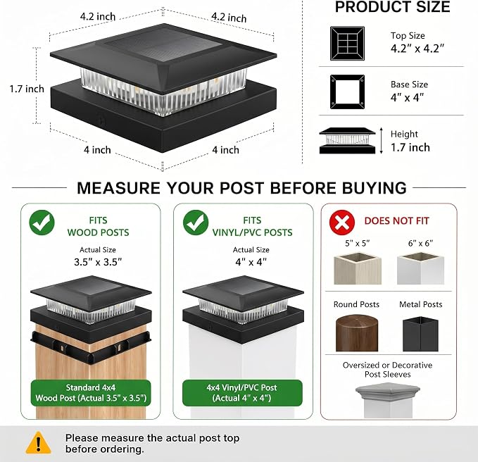 16 Pack Solar Post Cap Lights 4x4, Dual-Color Waterproof Fence Post Solar Lights, Fits 4x4 Vinyl or 3.5x3.5 Wood Posts, Dusk to Dawn Outdoor Lighting for Deck, Garden & Porch Decor, Black