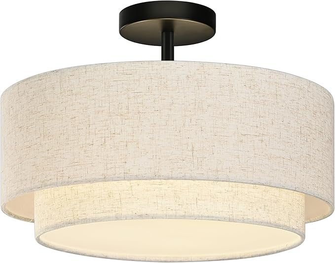 15.7 Inch Flush Mount Ceiling Light Black Close to Lights Fixture with 2-Layer Fabric Shade 3-Light Drum Modern Lights for Dining Room Bedroom Hallway