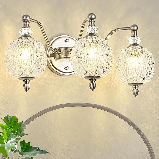 Brushed Nickel Bathroom Vanity Light, 3-Light Mid Century Modern Brushed Nickel Finish Wall Sconce with Globe Glass Shades, Modern Mirror Light for Bathroom, Powder Room