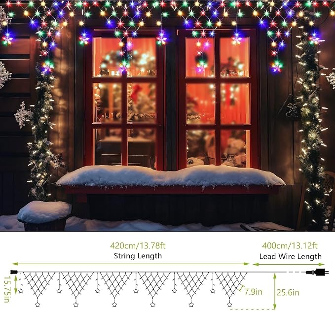 DANLI Christmas Lights Outdoor 13.8ft 218 LED Connectable String Lights with 12 Drops, Window Curtain Fairy Light with 8 Modes for Garden Eaves Wedding Party Holiday Christmas Decorations