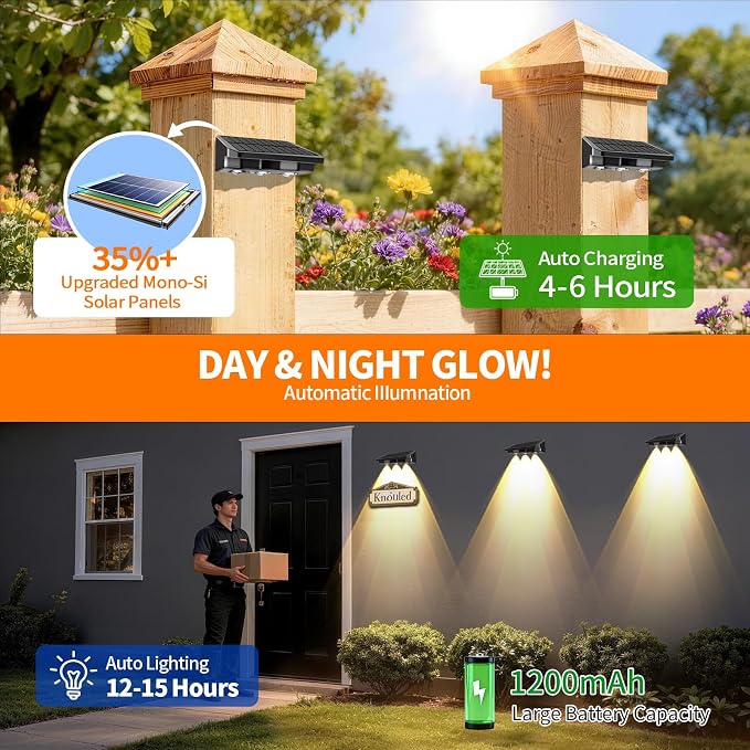 Solar Fence Lights Outdoor 2 Pack, Solar Lights Outdoor Waterproof Dusk to Dawn Deck Light, Brighter LED Lens Outdoor Lighting for Stairs, Step, Fence, Yard, Patio, and Pathway
