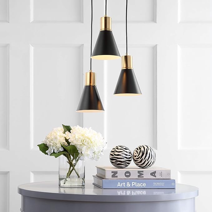 JONATHAN Y 15" Black/Brass Gold Apollo Mid-Century Modern Iron LED Pendant, Black Metal Shade, Adjustable Hanging Ceiling Light for Kitchen Island, Hallway, LED Bulb Included (JYL6133A)
