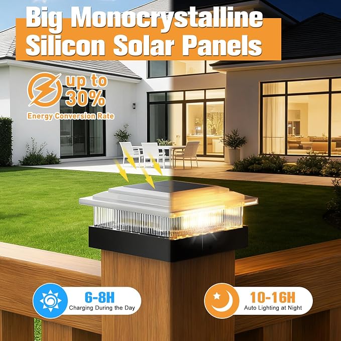 4x4 40 Lumens Post Solar Lights 6 Pack, Fence Post Solar Lights 4 Lighting Modes Solar Post Cap Lights for 4x4 3.5x3.5 Wood/Vinyl Posts, IP67 Waterproof Post Lights for Fence Mailbox Porch Post