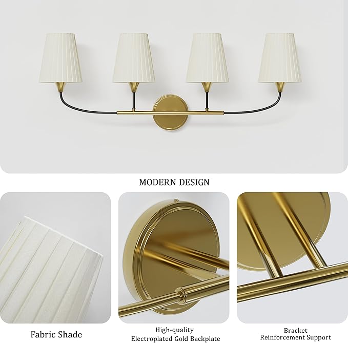 4-Light Bathroom Light Fixtures, Black Gold Bathroom Vanity Light Over Mirror, Modern Light Fixture with Flared Fabric Shade for E26 Bulb, Wall Sconce Light for Bedroom, Hallway with ETL