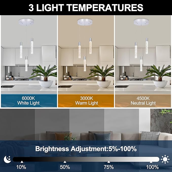 3-Light Bubble Crystal Ceiling Chrome Integrated Crystal Pendant Chandelier,Dimmable LED Ceiling Light with Adjustable Height for Kitchen Island, Dining Room & Bedroom 3000K -6000K