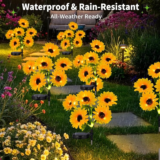 6-Pack Solar Sunflower Garden Decor, 36 LED Flower Stake Lights - Waterproof Long-Lasting Outdoor Solar Patio Decor for Lawn, Yard & Pathway