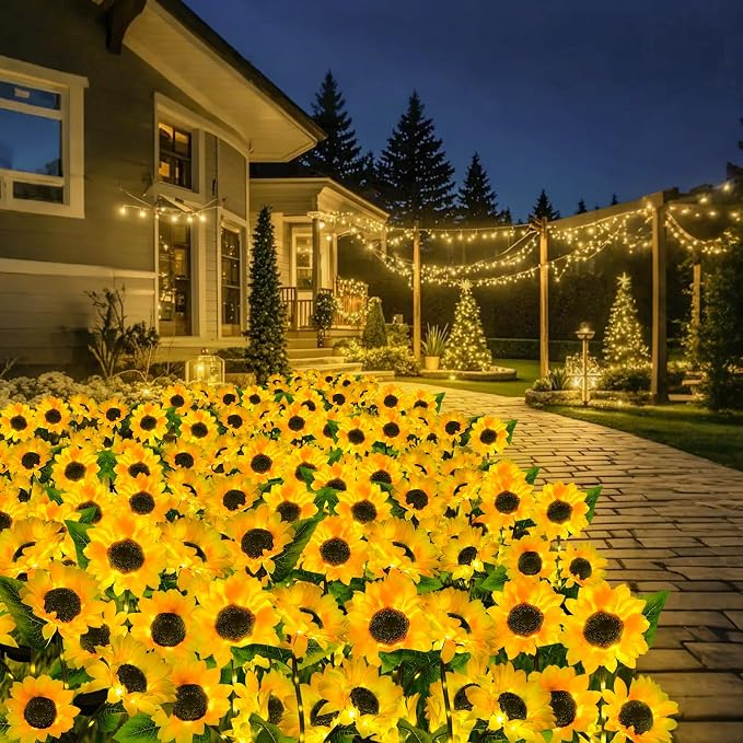 4-Pack Solar Sunflower Garden Decor, 12 LED Flower Stake Lights - Waterproof Long-Lasting Outdoor Solar Patio Decor for Lawn, Yard & Pathway