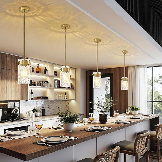 Hammered Glass Pendant Lighting for Kitchen Island 2 Pack, Modern Brushed Gold Pendant Light Fixtures 4.72", Adjustable Ceiling Pendant Light for Kitchen Island Dining Room Hallway