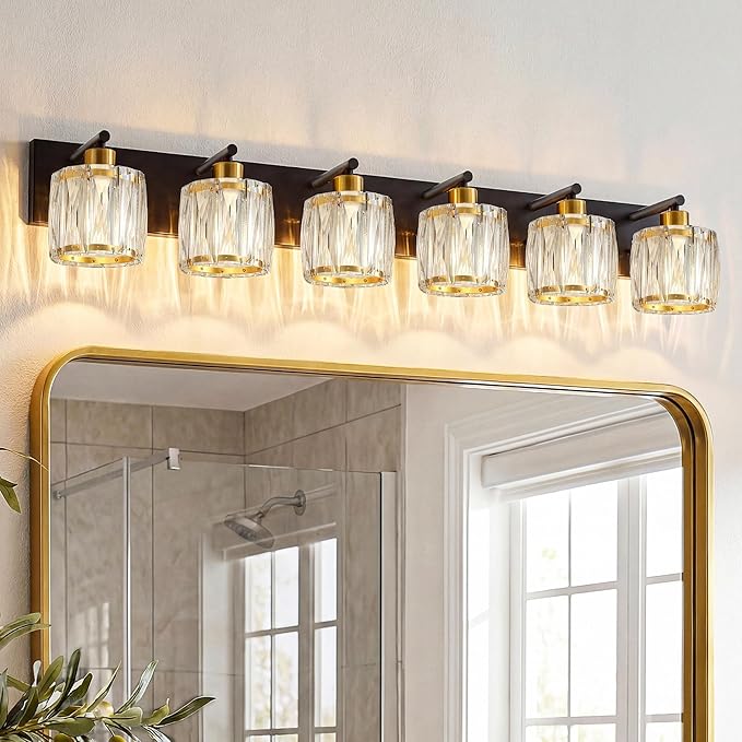 VOLISUN Crystal Vanity Lights for Bathrooms, 6 Light Bathroom Vanity Light, Black and Gold Bathroom Light Over Mirror, Modern Bathrooms Lights Fixtures-UL Certificated(Exclude Bulb)